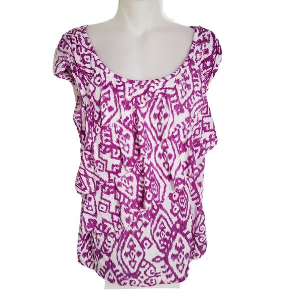 I.N. Studio Womens Top Medium Knit Tiered Ruffled Blouse Short Cap Sleeve Purple - Picture 1 of 9